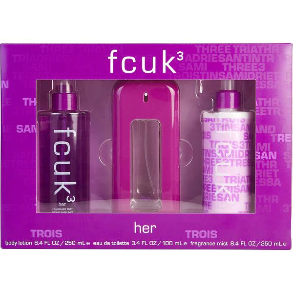 FCUK 3 Her Gift Set - 100ML EDT Spray + 250ML Body Lotion + 250ML Body Mist (Women)