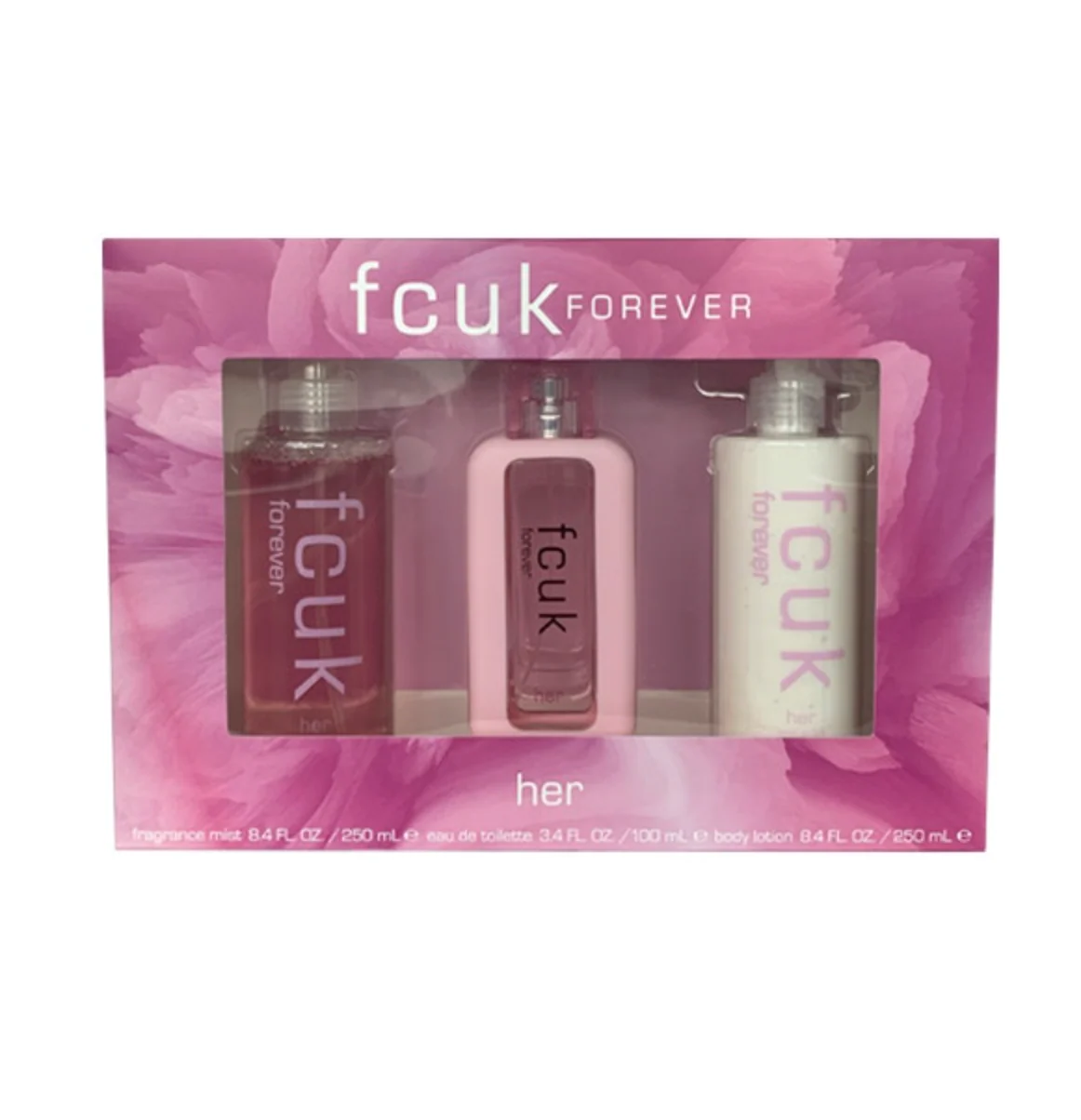 FCUK Forever Her Gift Set (NO BOX) - 100ML EDT Spray + 250ML Body Lotion + 250ML Fragrance Mist (Women)