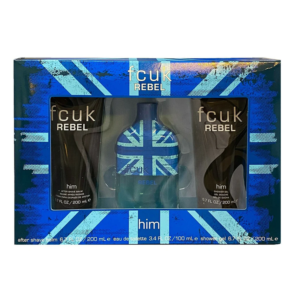 FCUK Rebel Him Gift Set - 100ML EDT Spray + 200ML After Shave Balm + 200ML Shower Gel (Men)