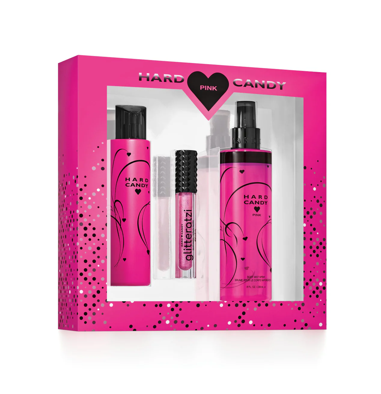 Hard Candy Pink 3PCS Gift Set - 50ML EDP Spray + 236ML Body Mist Spray + 2.7G Glitteratzi Liquid Sparkler Confetti (Women)