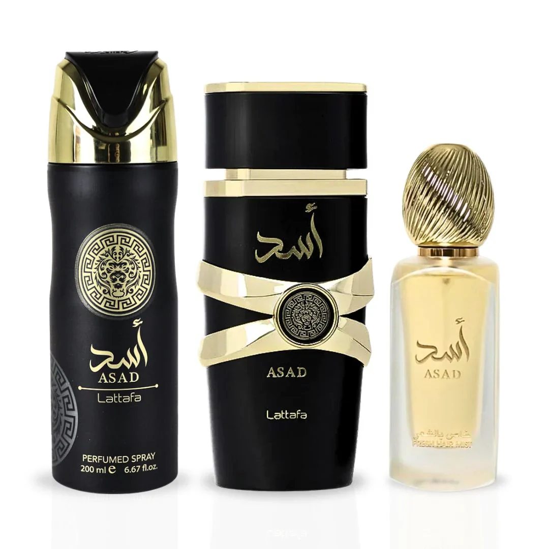 Lattafa Asad 3PCS Gift Set - 100ML EDP Spray + 200ML Perfumed Spray + 50ML Hair Mist (Men)