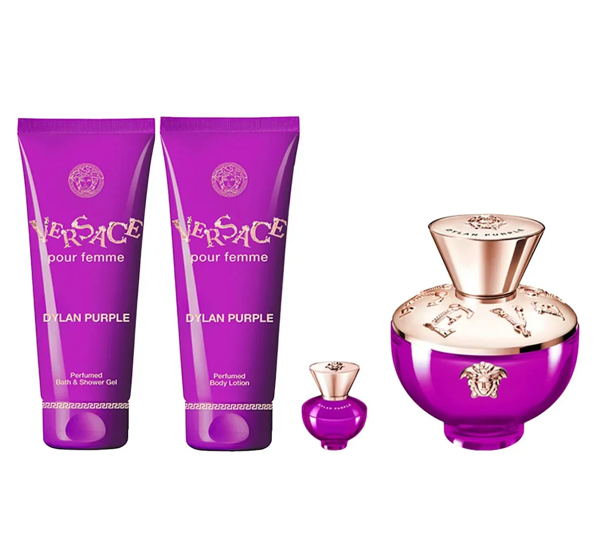 Versace Dylan Purple 4PCS Gift Set - 100ML EDP Spray + 100ML Perfumed Body Lotion + 100ML Perfumed Bath & Shower Gel + 5ML EDP Spray (Women)